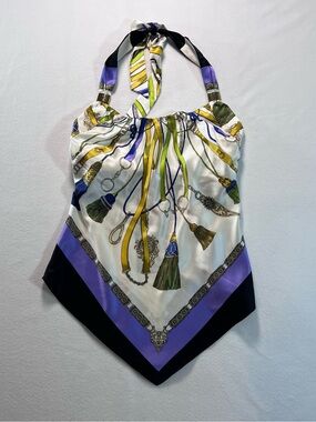 Vintage Cache Silk Halter Scarf Top in White, Black with Green & Gold Accents